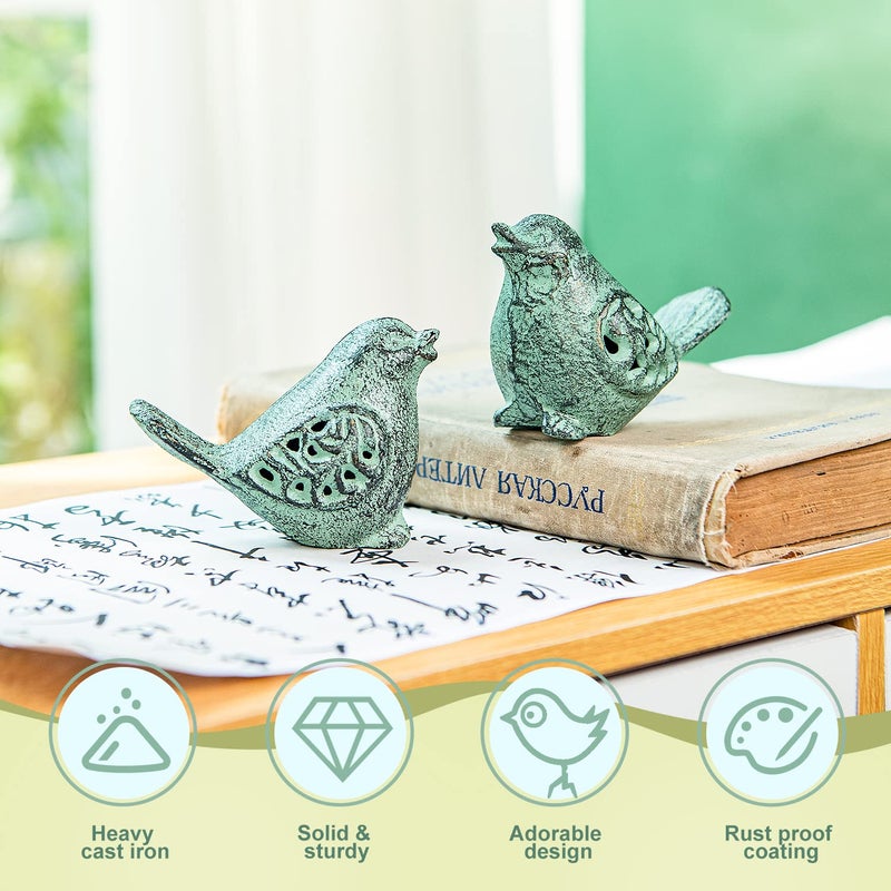 Sungmor Cast Iron Desktop Ornament - Graceful Hollow-Carved Birds Sculpture Home Decoration - Decorative & Lovely Animal Figurine Indoor Outdoor Statues - 2PC Pack & Green Color - Image 4